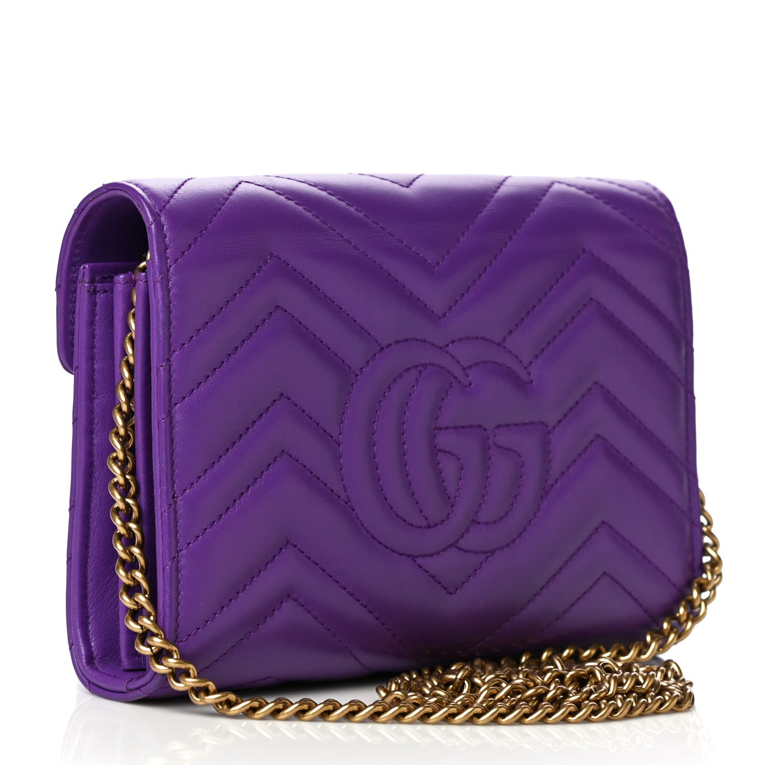 Gucci Calfskin Matelasse GG Marmont Chain Wallet Shine Purple 3 of 12