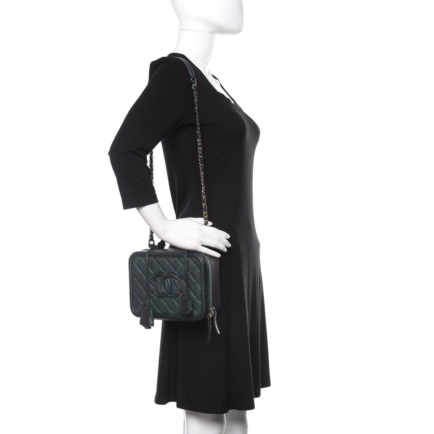 Iridescent Caviar Quilted Medium CC Filigree Vanity Case Dark Turquoise