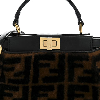 Fendi Shearling Nappa Macro FF 1974 Mini Peekaboo Iconic Satchel Tobacco Black 8 of 11