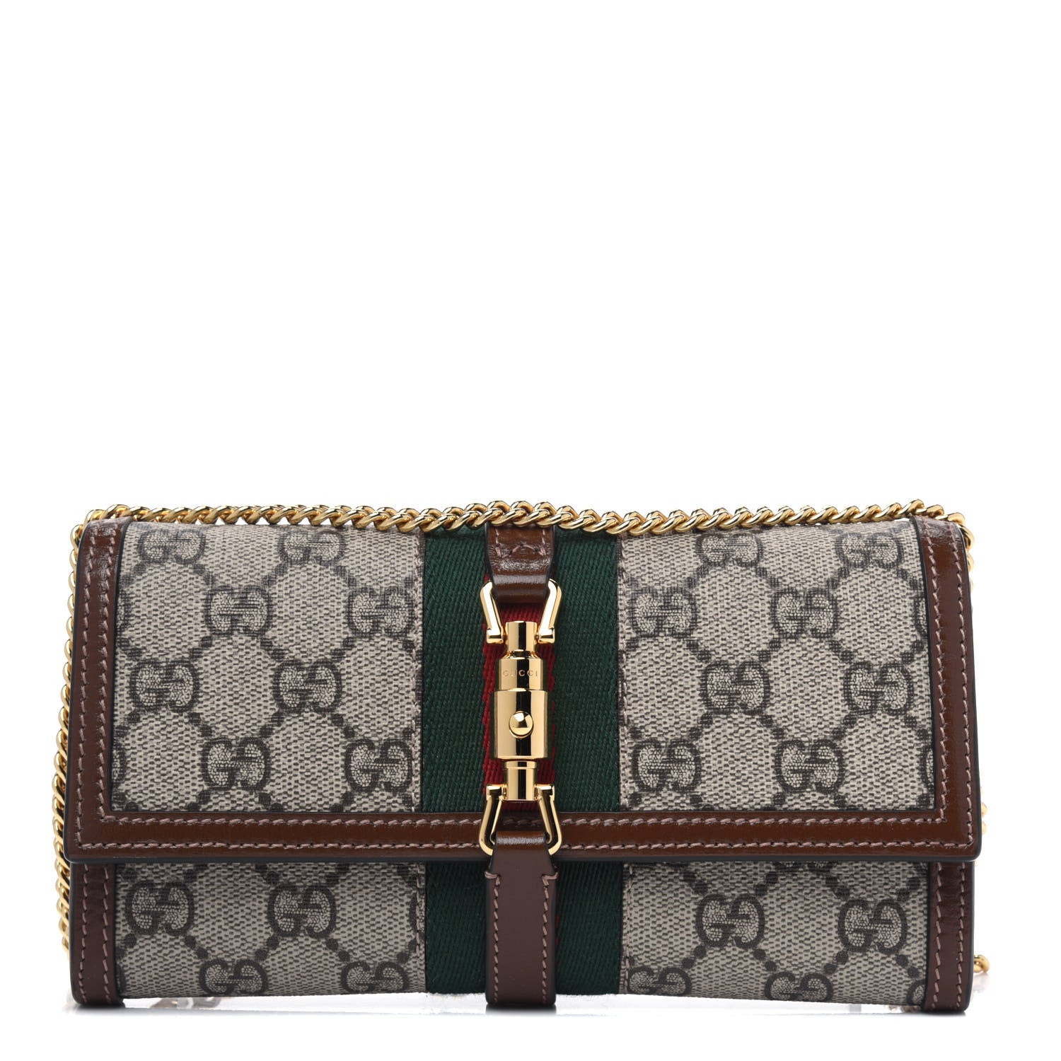 Gucci GG Supreme Monogram Azalea Calfskin Web Jackie 1961 Chain Wallet Beige Ebony Brown Sugar 1 of 5