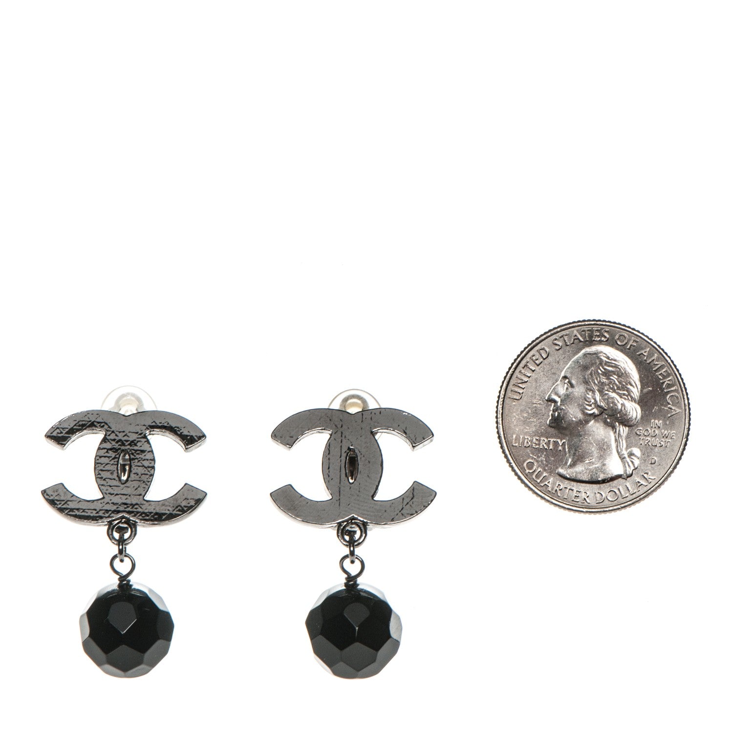 Chanel Ruthenium CC Bead Drop Clip On Earrings Black 2 of 4