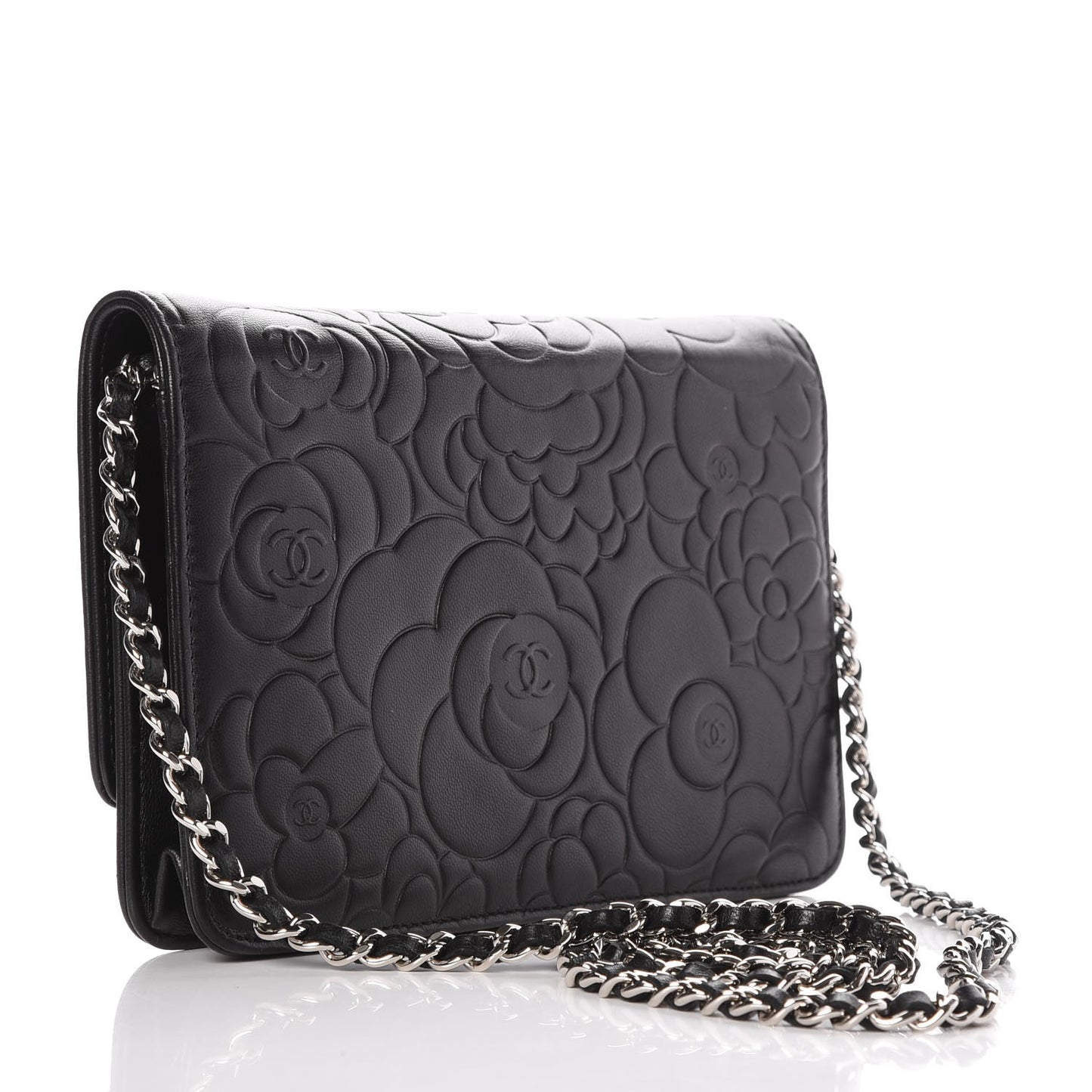 Lambskin Camellia Embossed Wallet On Chain WOC Black
