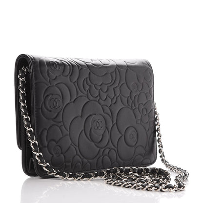 Chanel Lambskin Camellia Embossed Wallet On Chain WOC Black 3 of 10
