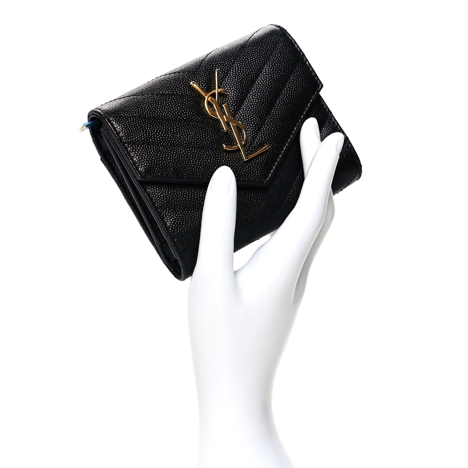 Saint Laurent Grain De Poudre Matelasse Chevron Monogram Compact Tri Fold Wallet Black 2 of 7