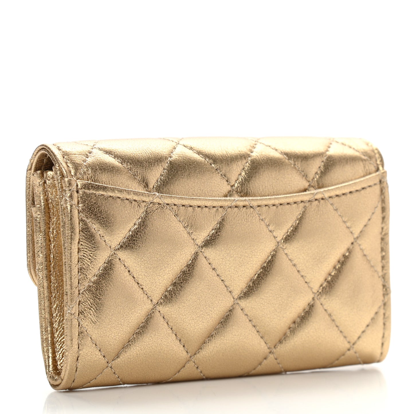 Metallic Lambskin Quilted Flap Card Holder Wallet Gold