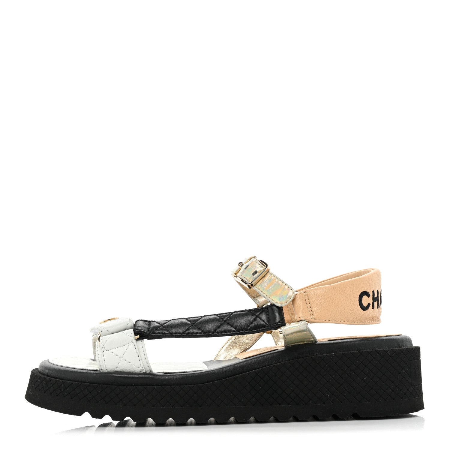 Chanel Lambskin Logo Platform Sandals 38.5 Beige Gold White 1 of 11