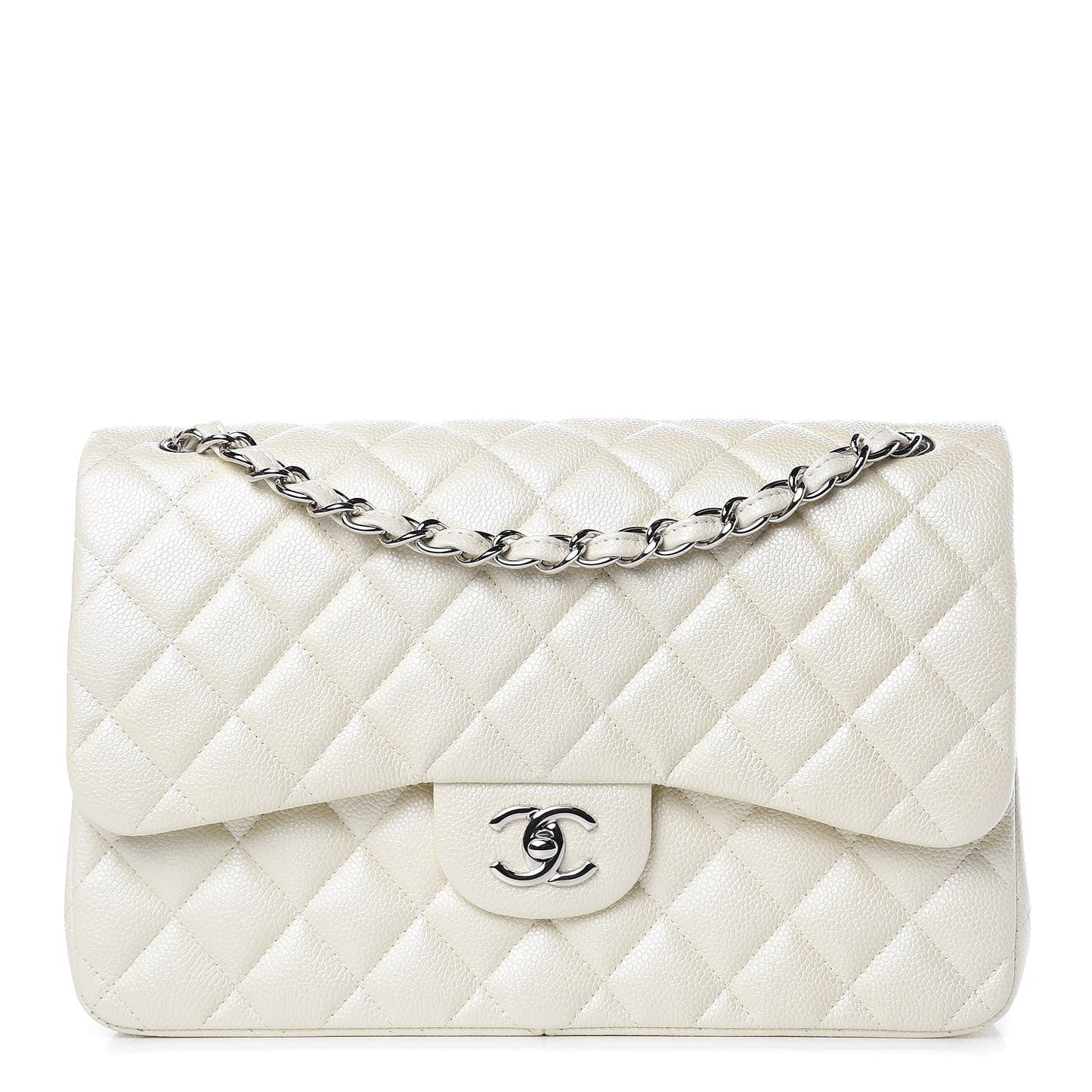 Pearly Caviar Quilted Jumbo Double Flap Dark White