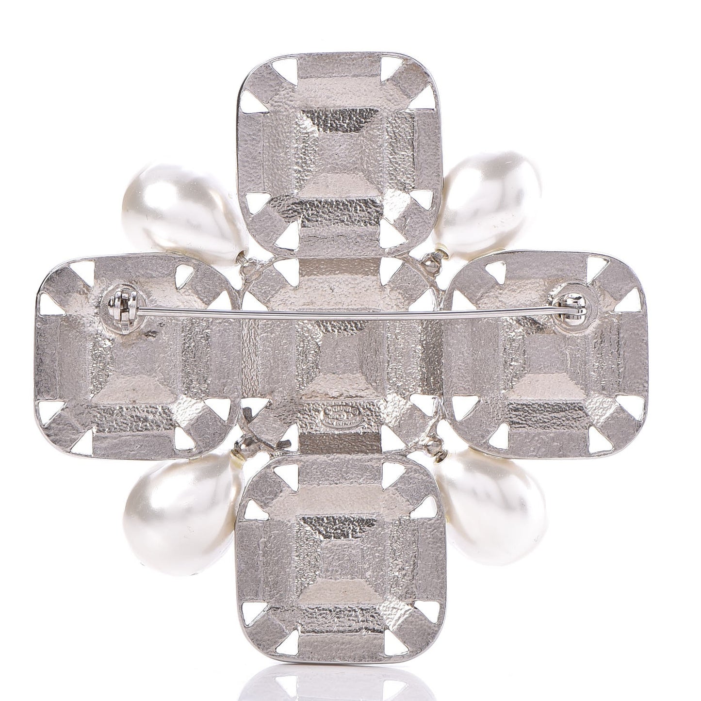 Pearl Crystal Baguette Brooch Silver