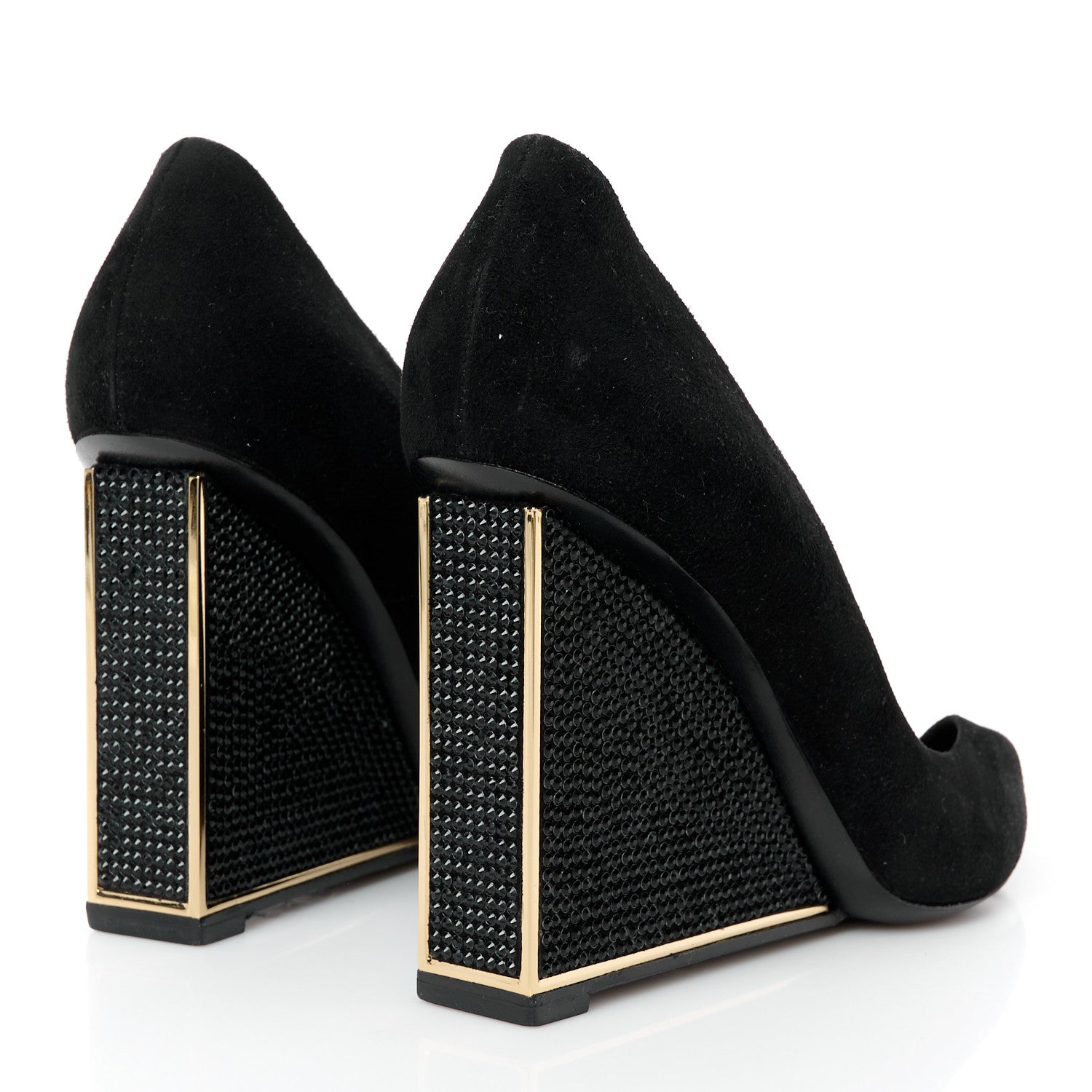 Louis Vuitton Suede Crystal Peep Toe Wedge 37 Black 4 of 8