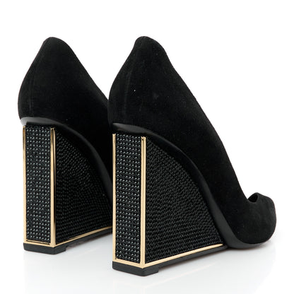 Louis Vuitton Suede Crystal Peep Toe Wedge 37 Black 4 of 8