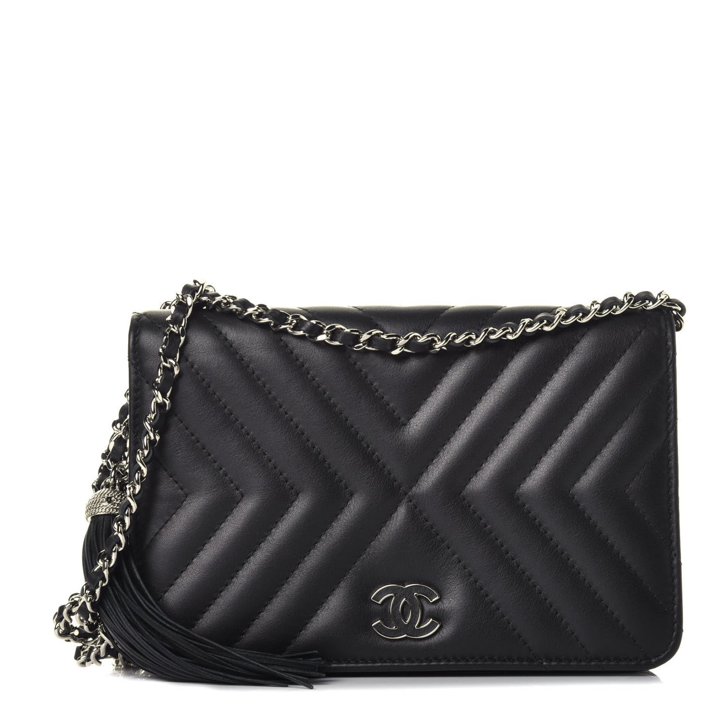 Calfskin Diagonal Chevron Quilted Tassel Wallet On Chain WOC Black