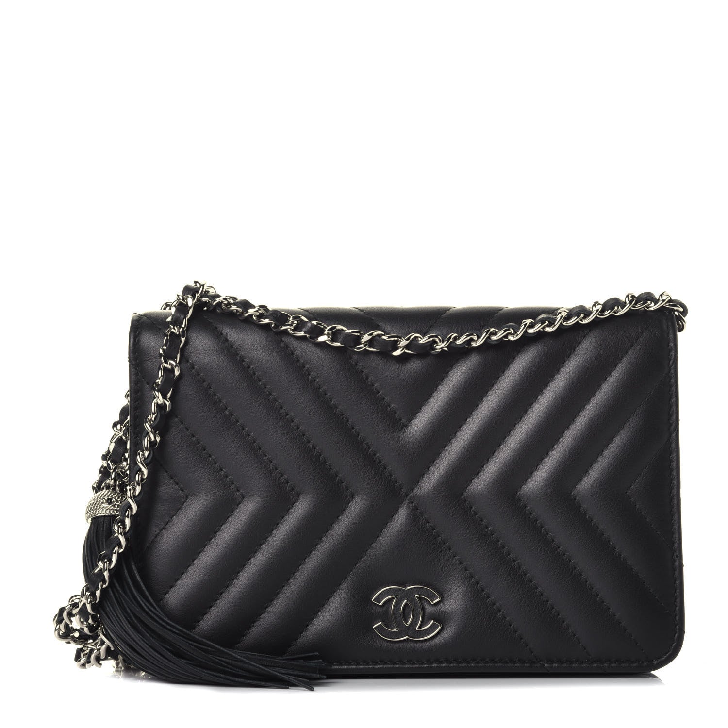 Chanel Calfskin Diagonal Chevron Quilted Tassel Wallet On Chain WOC Black 1 of 10