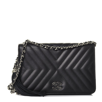 Chanel Calfskin Diagonal Chevron Quilted Tassel Wallet On Chain WOC Black 1 of 10