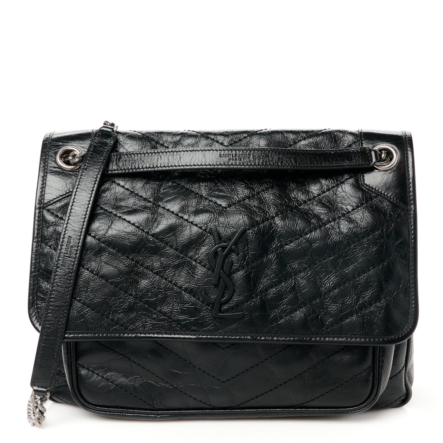 Crinkled Calfskin Matelasse Monogram Large Niki Chain Satchel  Black