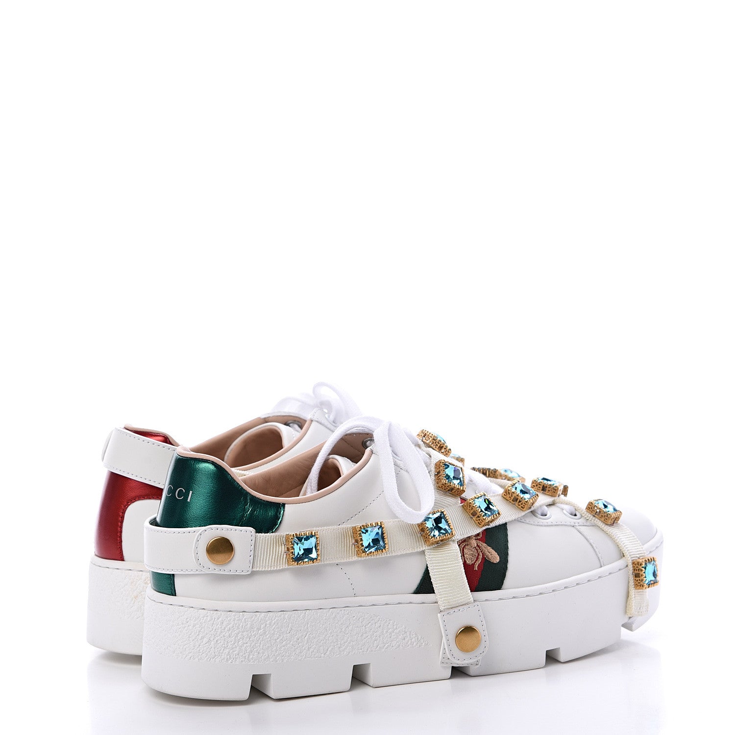 Gucci Calfskin Removable Crystals Bee Embroidered Womens Ace Platform Sneakers 39 White 4 of 8