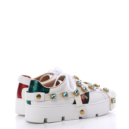 Gucci Calfskin Removable Crystals Bee Embroidered Womens Ace Platform Sneakers 39 White 4 of 8