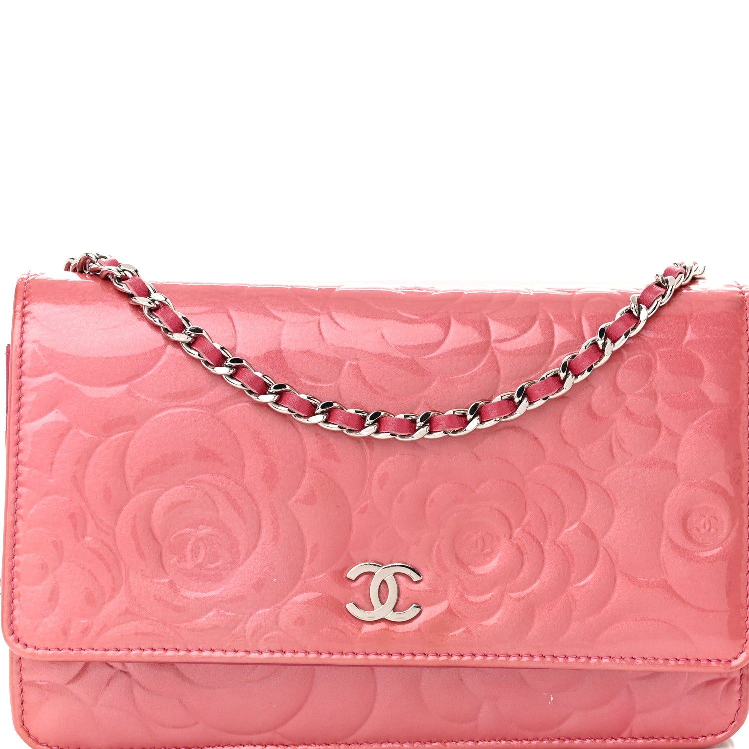 Chanel Patent Camellia Embossed Wallet on Chain WOC Rose 9 of 24