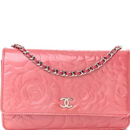 Chanel Patent Camellia Embossed Wallet on Chain WOC Rose 9 of 24