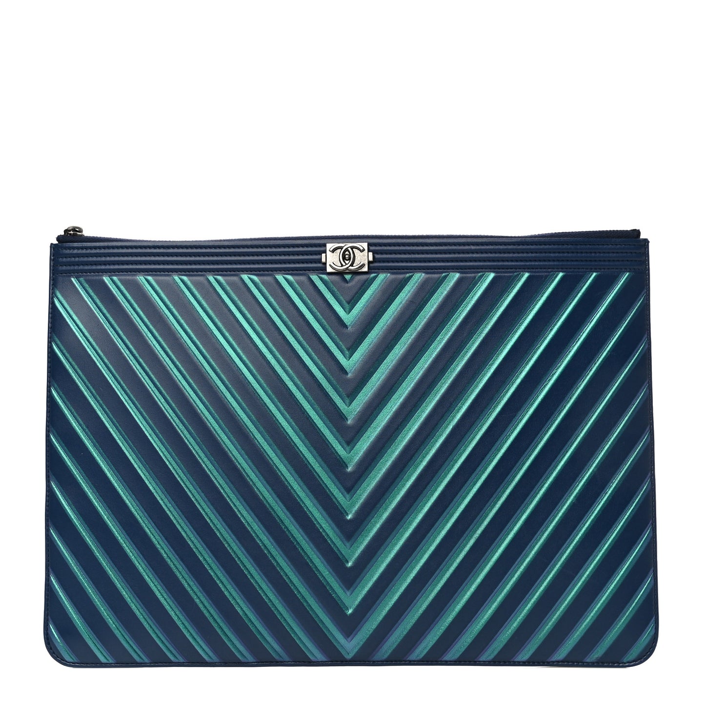 Calfskin Painted Chevron Embossed Large Boy Zip Pouch Green Navy