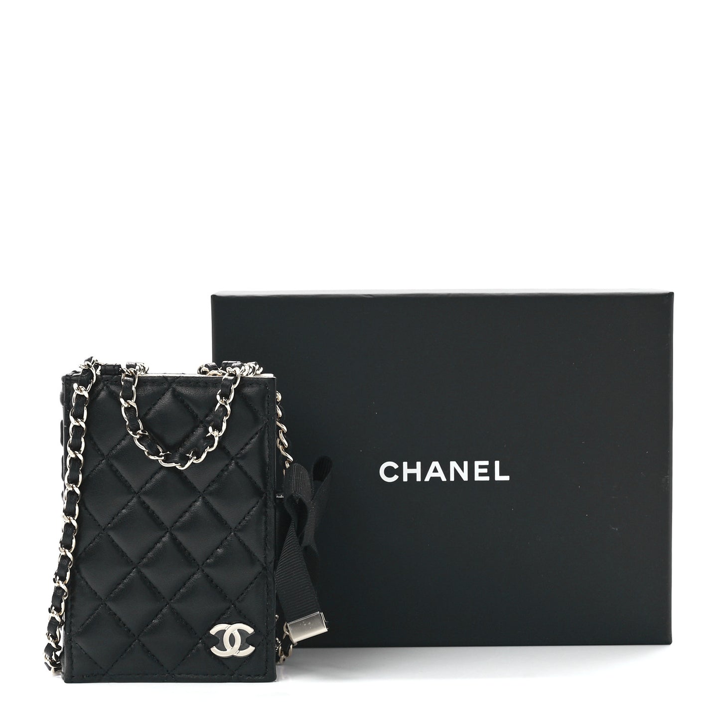 Lambskin Quilted Book Card Holder on Chain Black