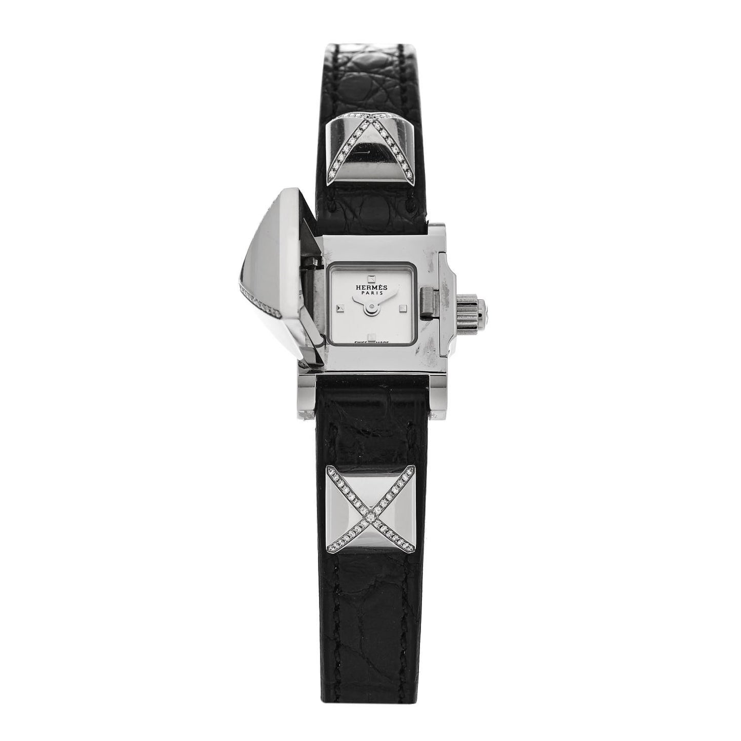 Stainless Steel Alligator Diamond 16mm Medor Quartz Watch Noir