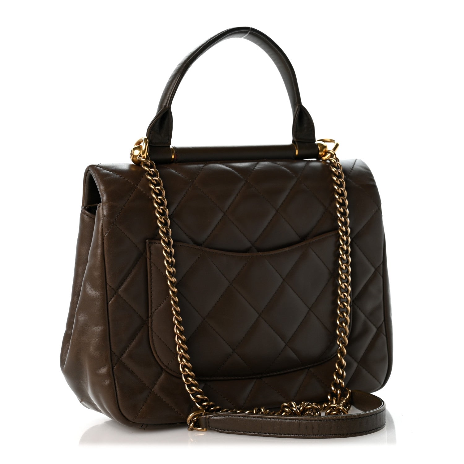Chanel Calfskin Quilted Medium Gold Bar Top Handle Flap Dark Khaki 3 of 14