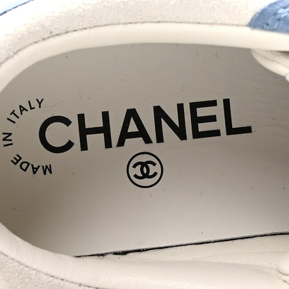 Chanel Suede Kidskin Womens CC Sneakers 37.5 White Blue 7 of 8