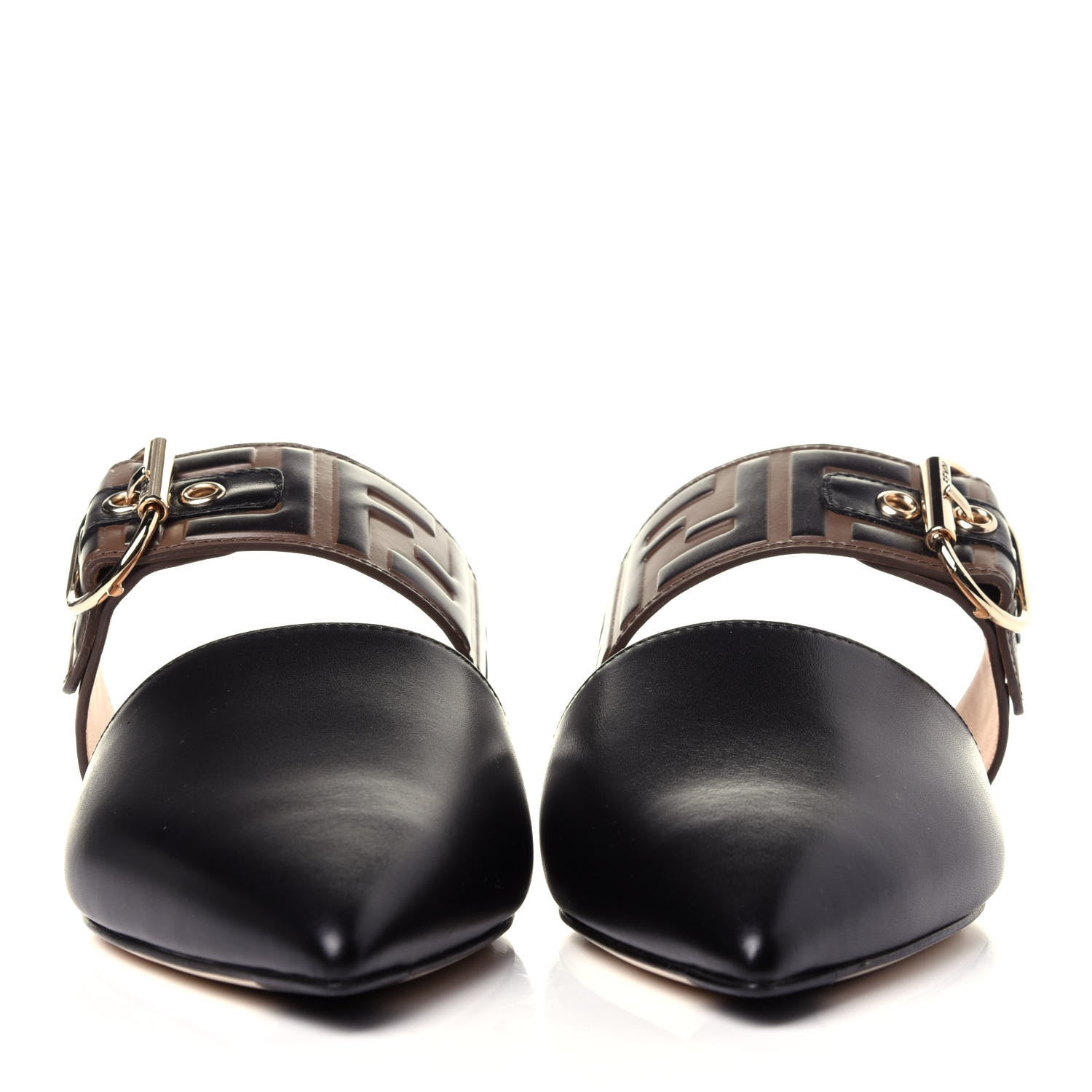 Fendi Vitello FF Embossed Buckle Flat Mules 37.5 Maya Black 2 of 10