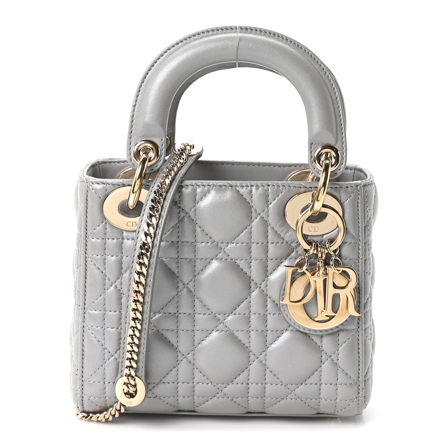 Metallic Lambskin Cannage Mini Lady Dior Grey