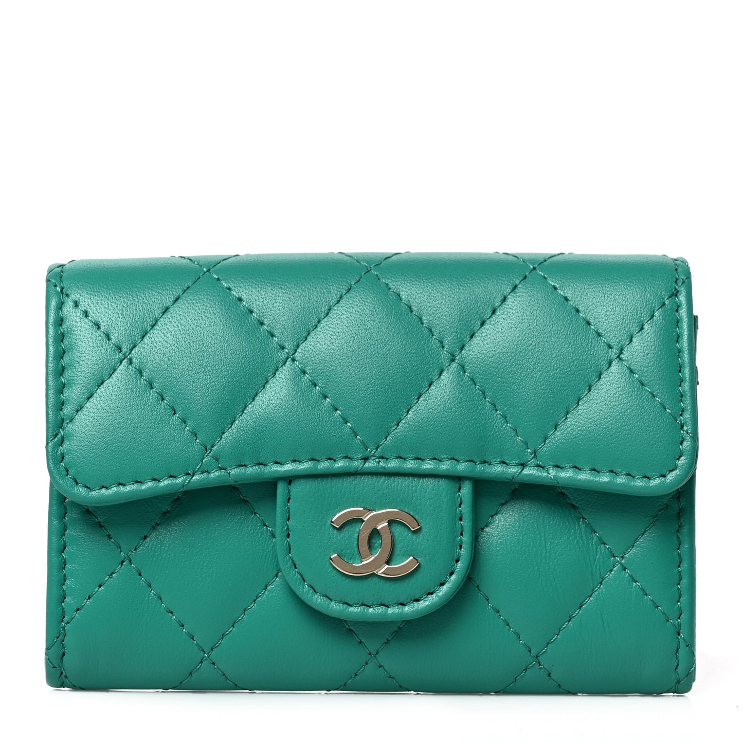 Lambskin Quilted Flap Card Holder Wallet Green
