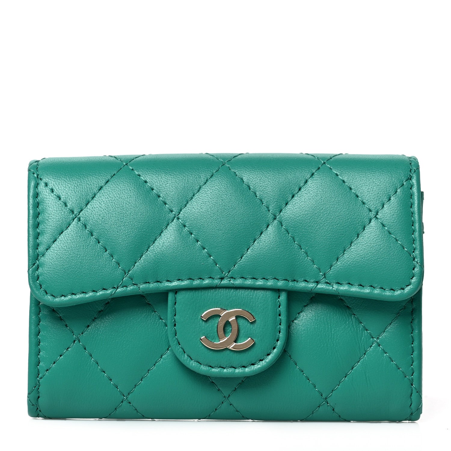 Chanel Lambskin Quilted Flap Card Holder Wallet Green 1 of 9