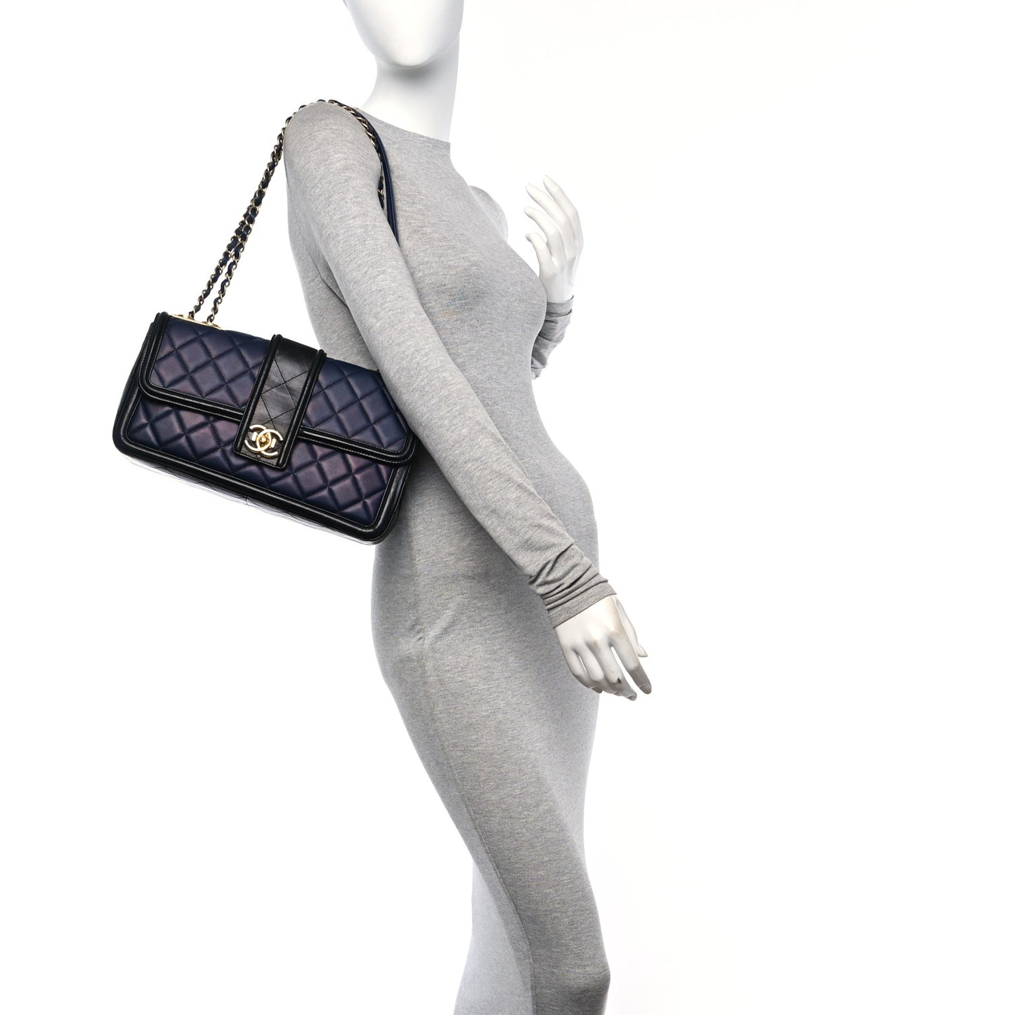 Calfskin Quilted Large Elegant CC Flap Navy Black