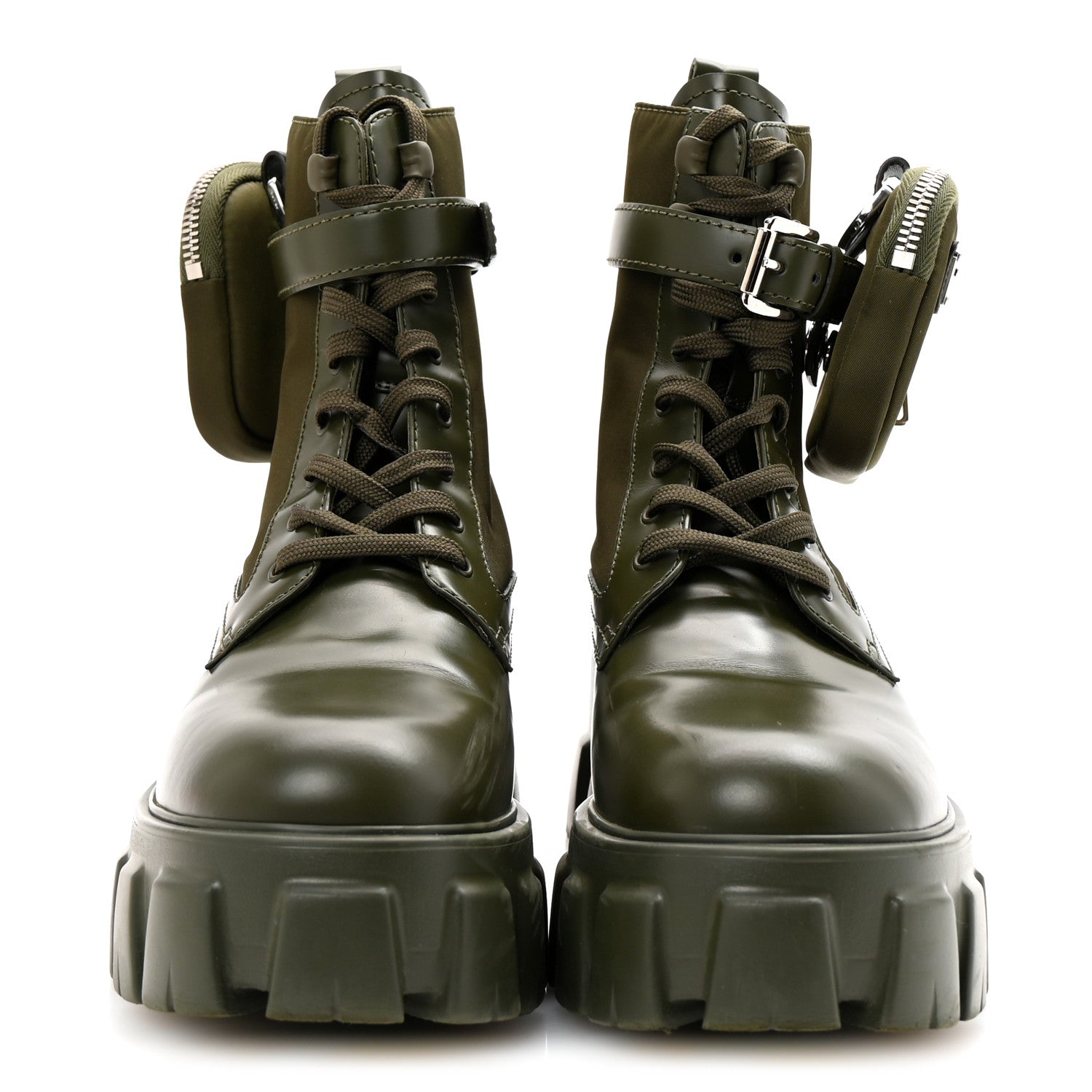 Prada Spazzolato Rois Re-Nylon Metal Triangle Logo Monolith Pouch Pocket 55mm Boots 37.5 Militare 3 of 9