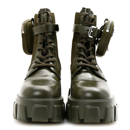 Prada Spazzolato Rois Re-Nylon Metal Triangle Logo Monolith Pouch Pocket 55mm Boots 37.5 Militare 3 of 9