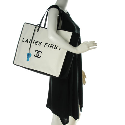 Chanel Canvas Calfskin Large Let's Demonstrate Tote White Black 2 of 7