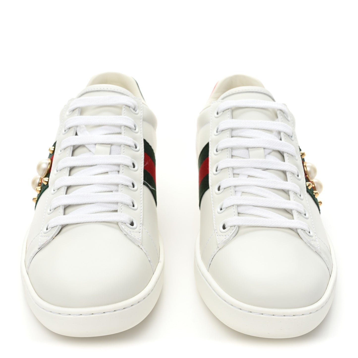 Calfskin Web Pearl Studded Womens Ace Sneakers 37.5 White
