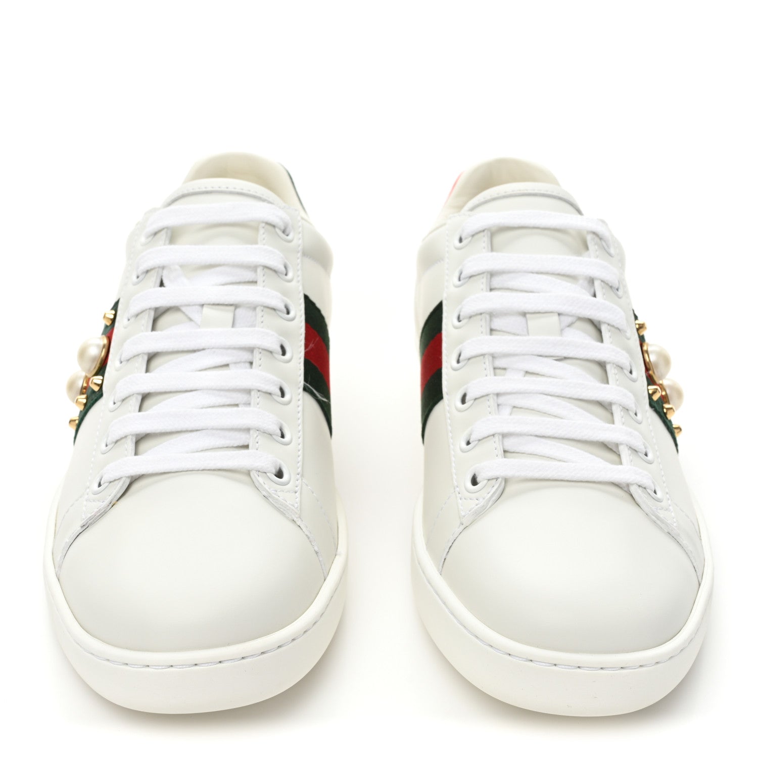 Gucci Calfskin Web Pearl Studded Womens Ace Sneakers 37.5 White 2 of 10