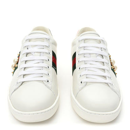 Gucci Calfskin Web Pearl Studded Womens Ace Sneakers 37.5 White 2 of 10