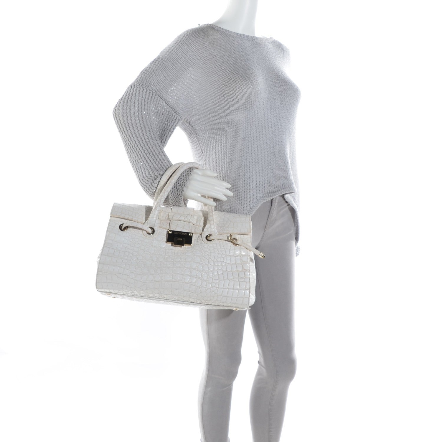 Jimmy Choo Calfskin Crocodile Embossed Large Rosalie Satchel White 5 of 12