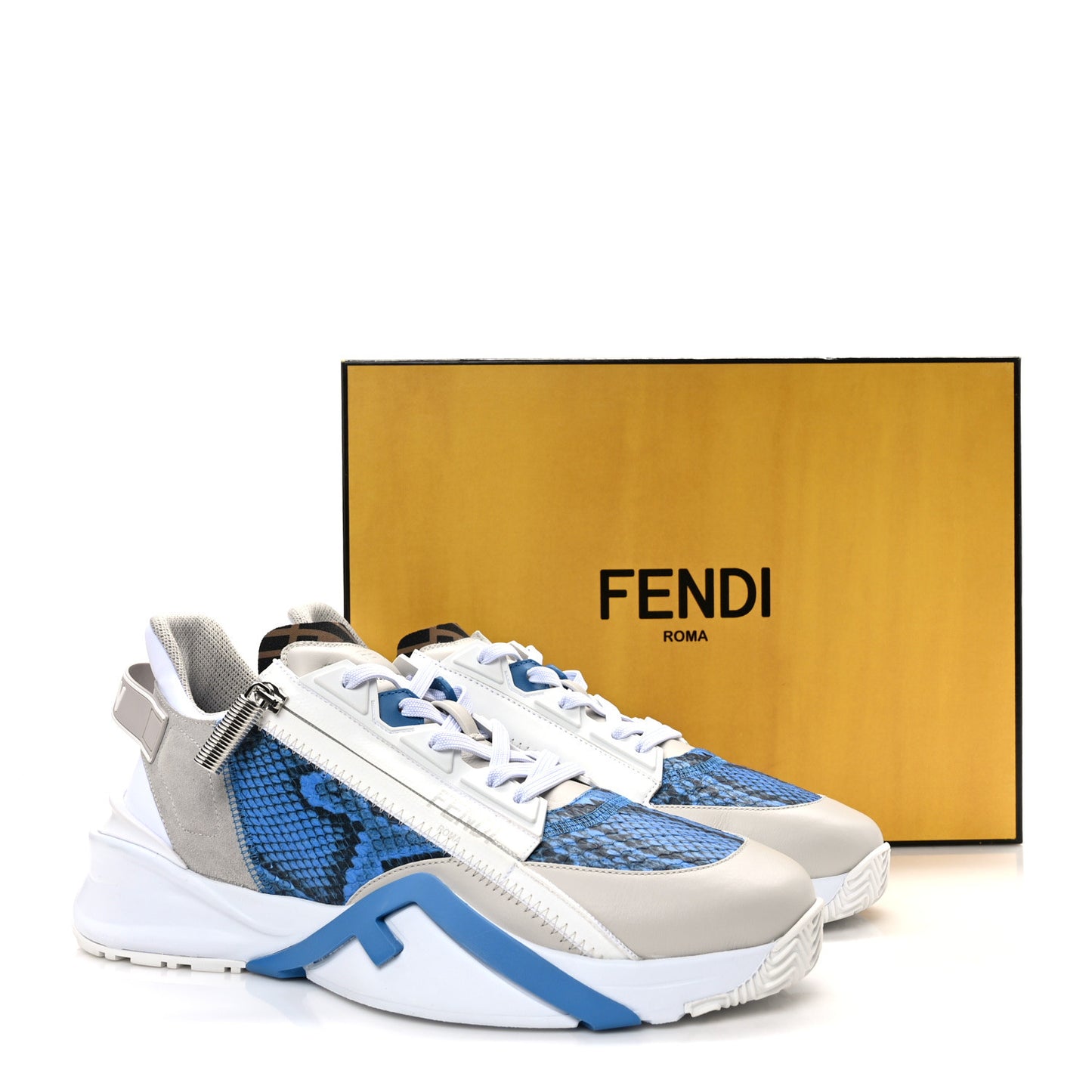 Elaphe Vitello Fabric FF Mens Fendi Flow Low Top Sneakers 10 True Blue Ghiaccio Tabacco Black