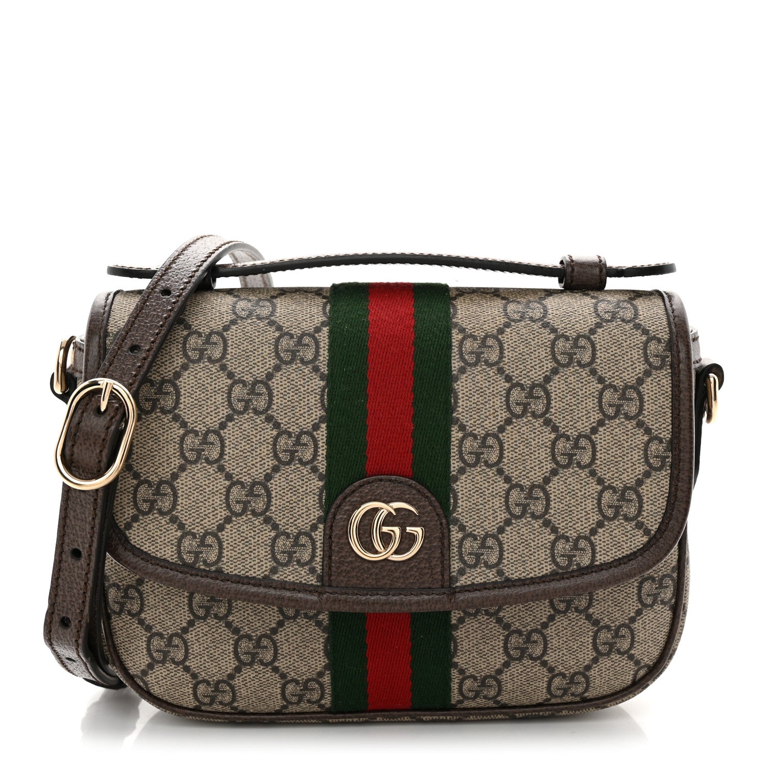 Gucci GG Supreme Monogram Textured Dollar Calfskin Small Ophidia Top Handle Shoulder Bag Beige Brown 1 of 12