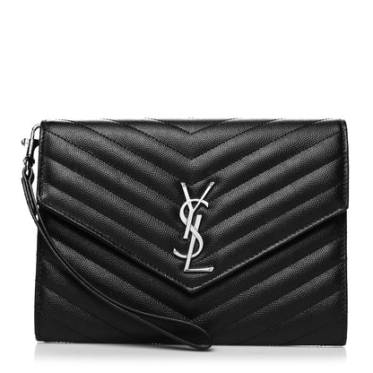 Saint Laurent Grain De Poudre Matelasse Chevron Monogram Envelope Clutch Black 1 of 12