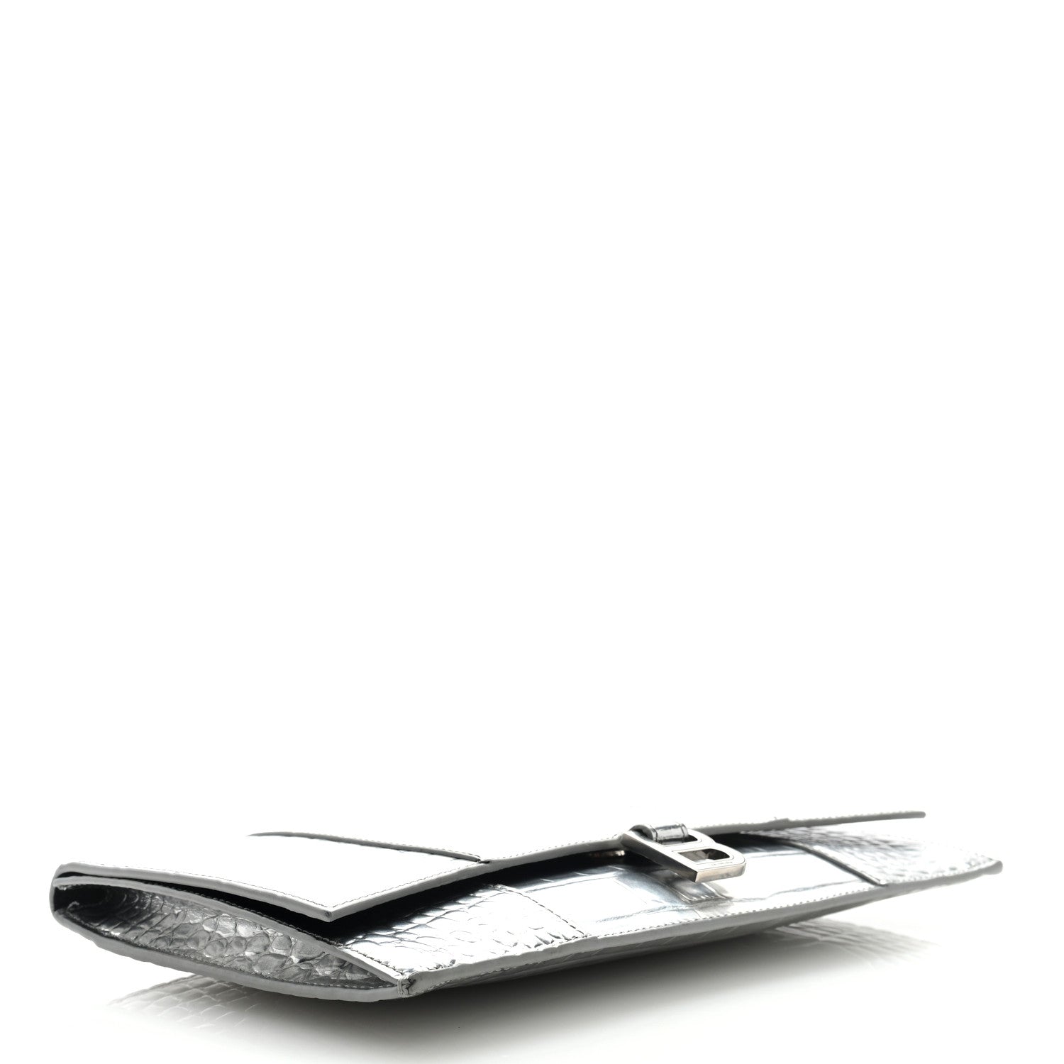 Balenciaga Metallic Calfskin Crocodile Embossed Hourglass Flap Flat Pouch Silver 4 of 6