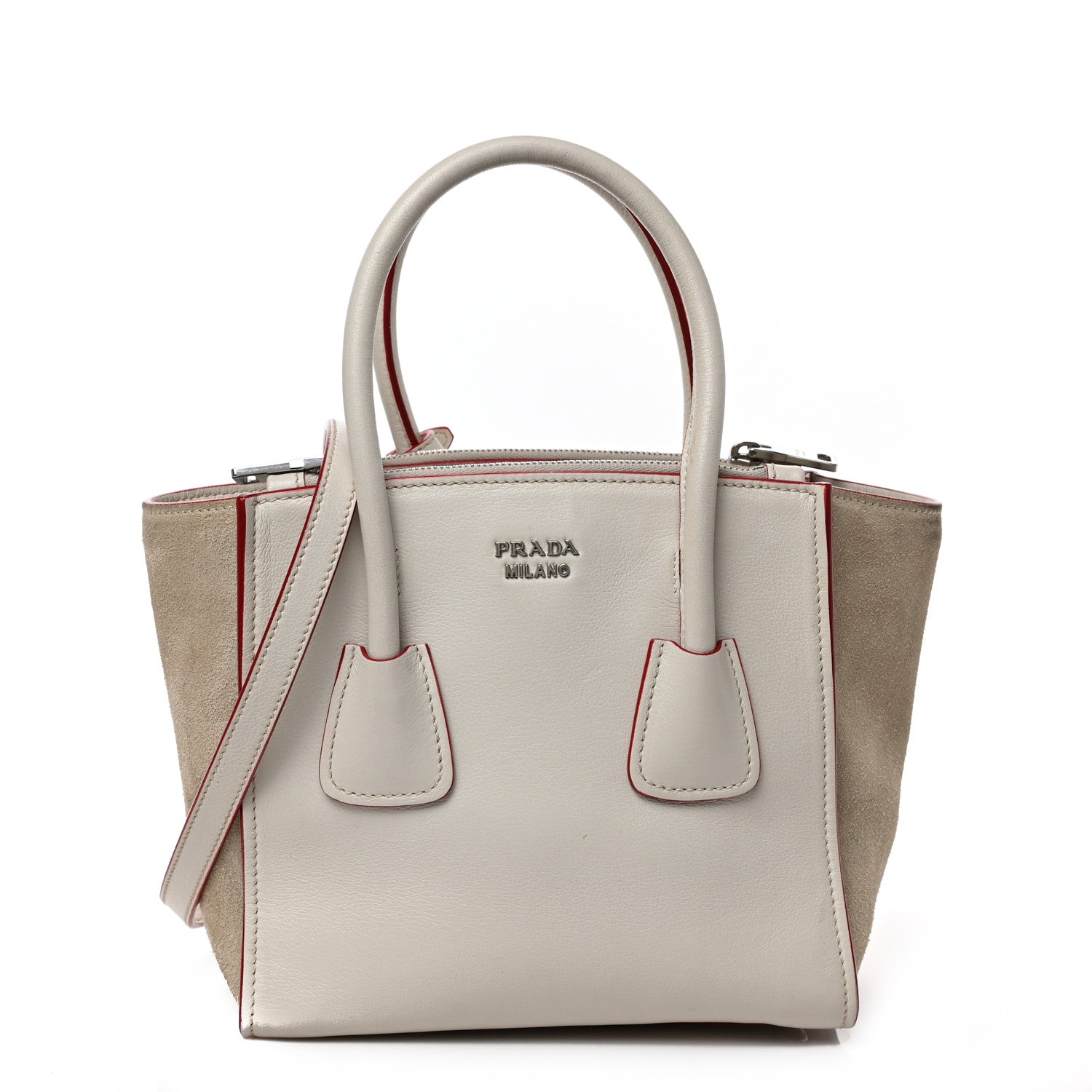Prada Glace Calf Suede Mini Twin Pocket Tote Talco Rosso 1 of 8