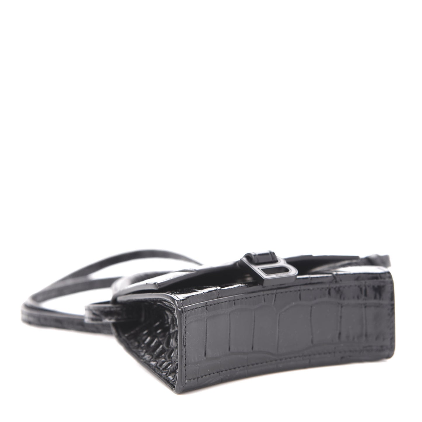 Shiny Calfskin Monochrome Crocodile Embossed Hourglass Top Handle Bag Mini Black