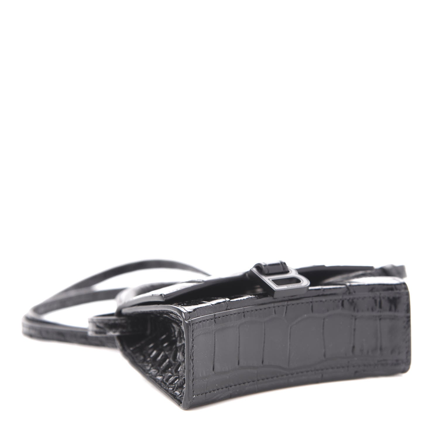 Balenciaga Shiny Calfskin Monochrome Crocodile Embossed Hourglass Top Handle Bag Mini Black 4 of 9