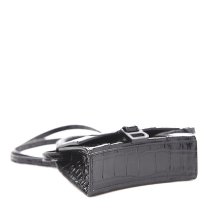 Balenciaga Shiny Calfskin Monochrome Crocodile Embossed Hourglass Top Handle Bag Mini Black 4 of 9