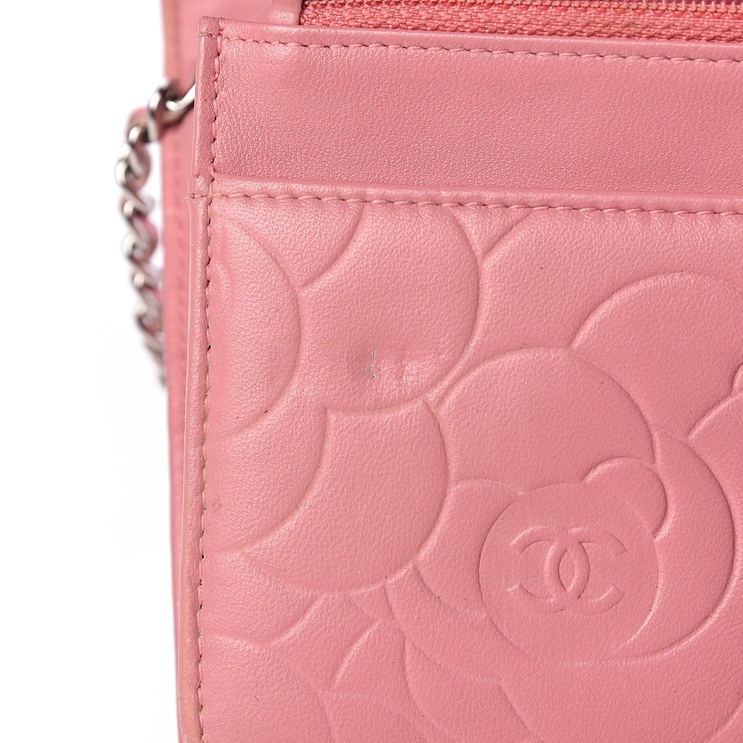 Lambskin Camellia Embossed Wallet On Chain WOC Pink