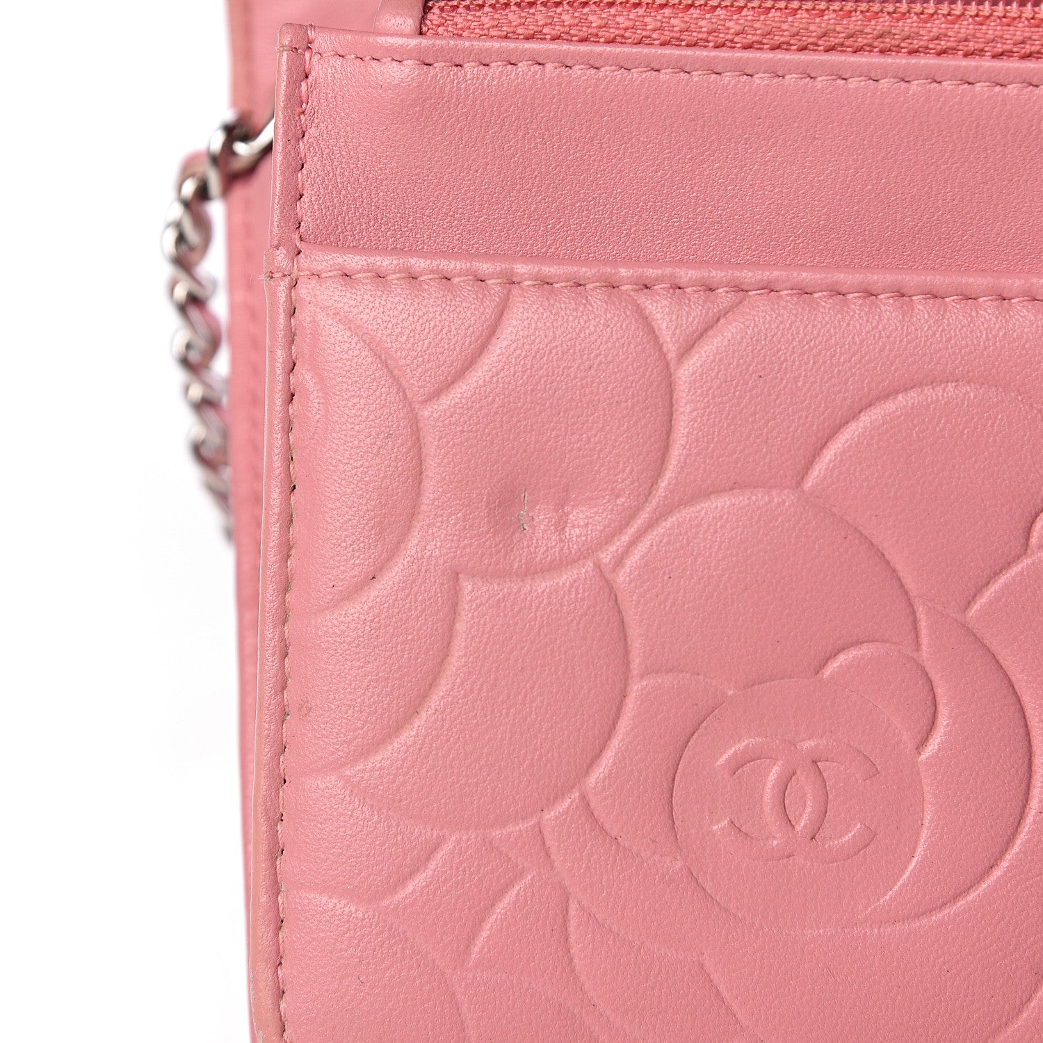 Chanel Lambskin Camellia Embossed Wallet On Chain WOC Pink 9 of 15