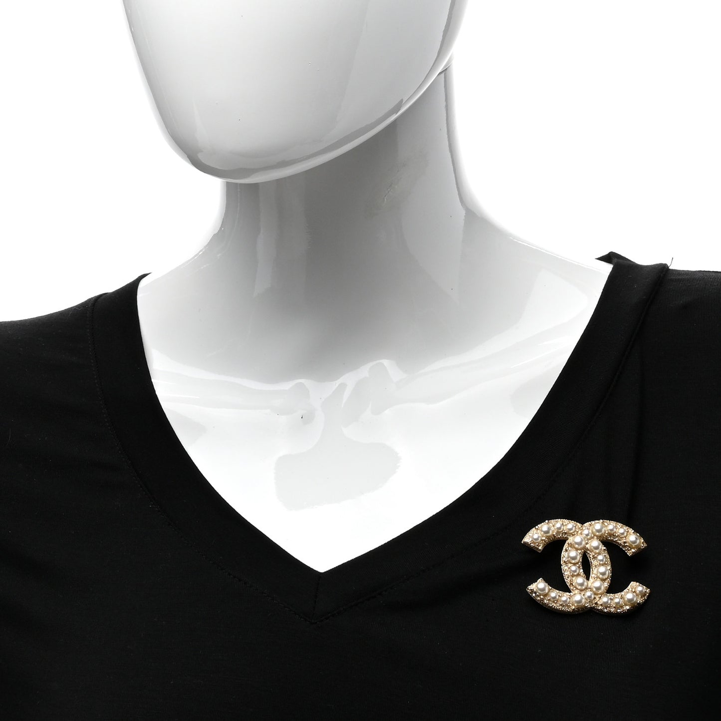 Metal Crystal Graduated Pearl CC Brooch Gold